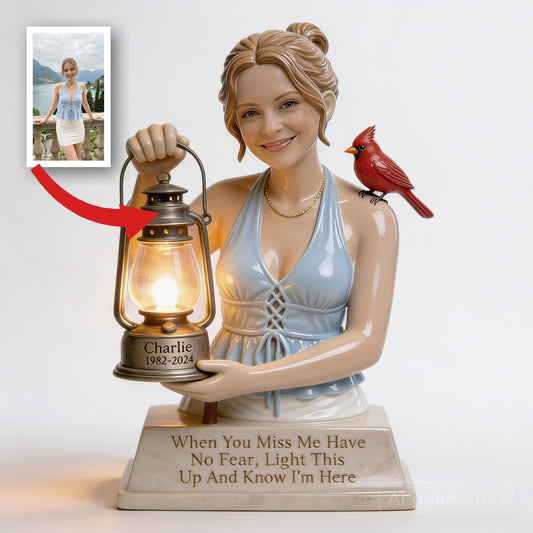 Personalized Woman with Red Cardinal Memorial LED Night Light Statue