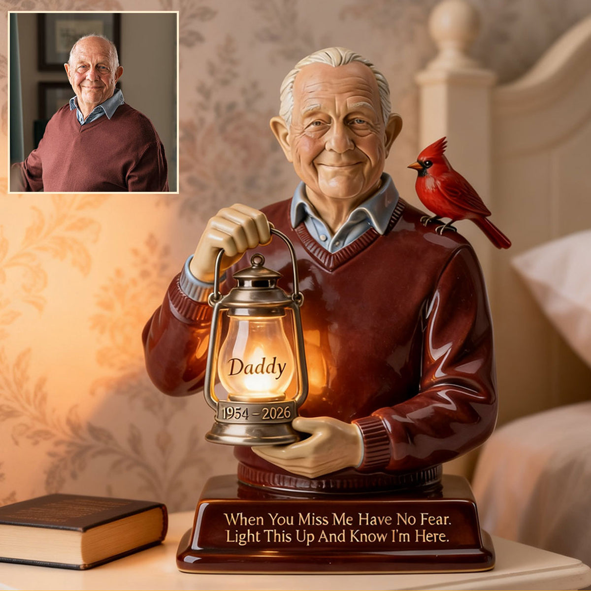 Personalized Woman with Red Cardinal Memorial LED Night Light Statue