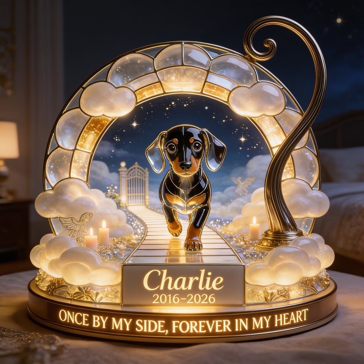 Personalized Memorial Black and Tan Dachshund Puppy Acrylic LED Night Light