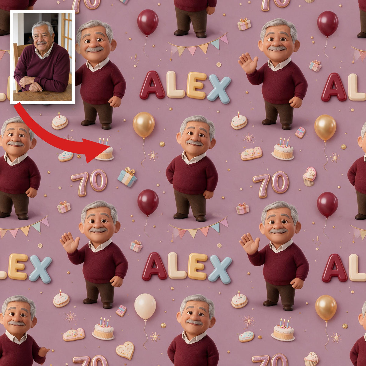 Personalized 70th Birthday Older Latino Man Wrapping Paper Gift for Grandpa Dad Husband