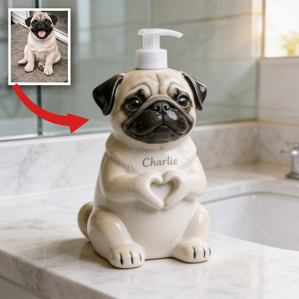 Personalized Fawn Pug Soap Dispenser Cute Dog Bathroom Decor Pet Lover Gift
