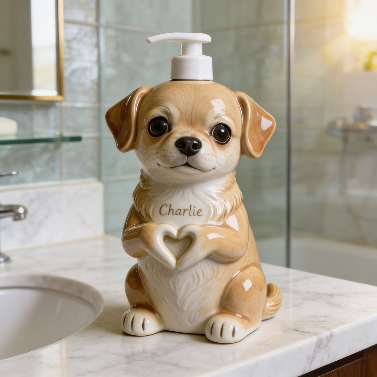 Personalized Fawn and White Chihuahua Puppy Soap Dispenser Bathroom Decor