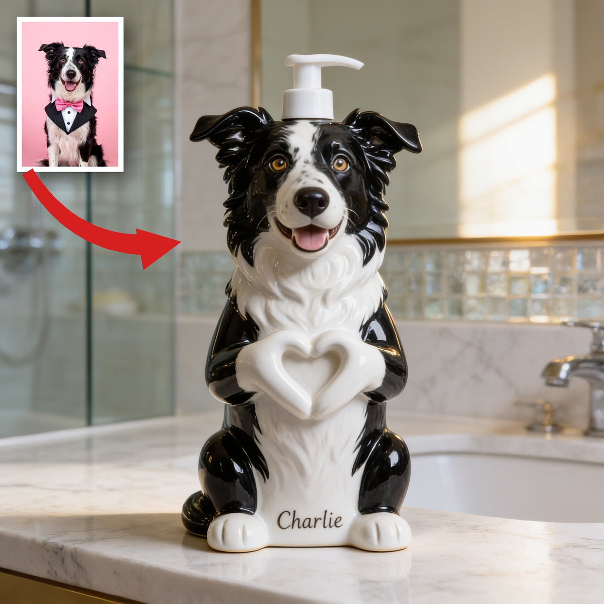 Personalized Black and White Border Collie Soap Dispenser Dog Lover Gift