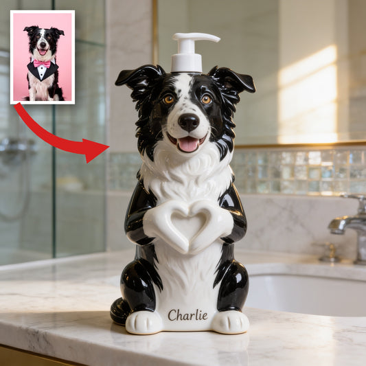 Personalized Black and White Border Collie Soap Dispenser Dog Lover Gift