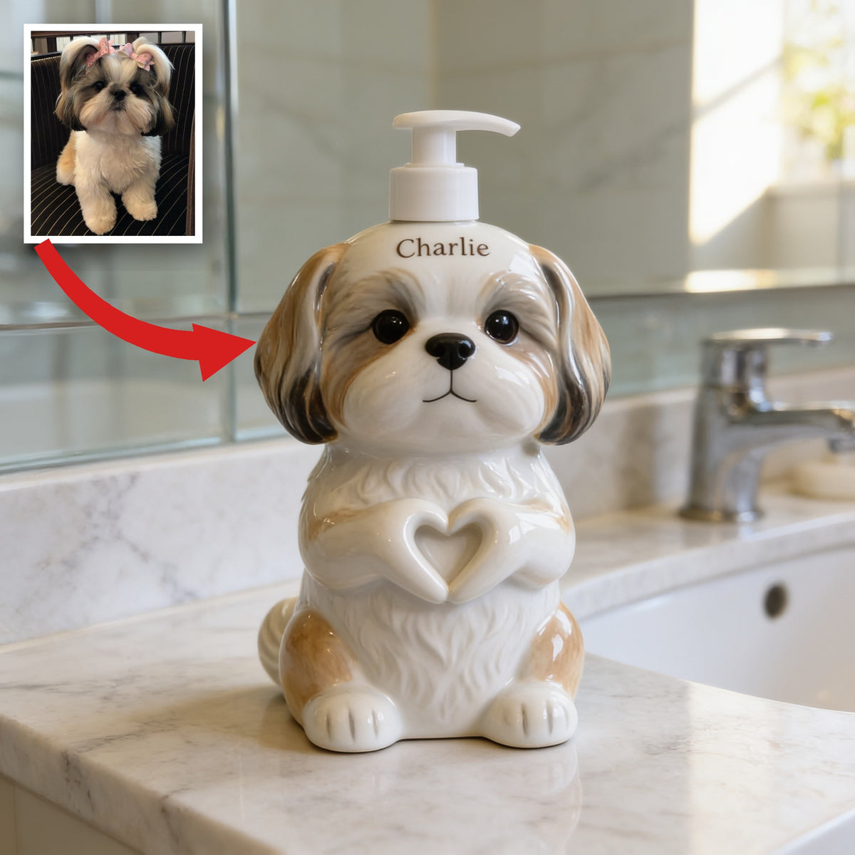 Personalized Fluffy Shih Tzu Soap Dispenser Bathroom Home Decor Gift