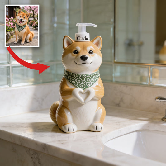 Personalized Tan and White Adult Shiba Inu Soap Dispenser Dog Lover Gift