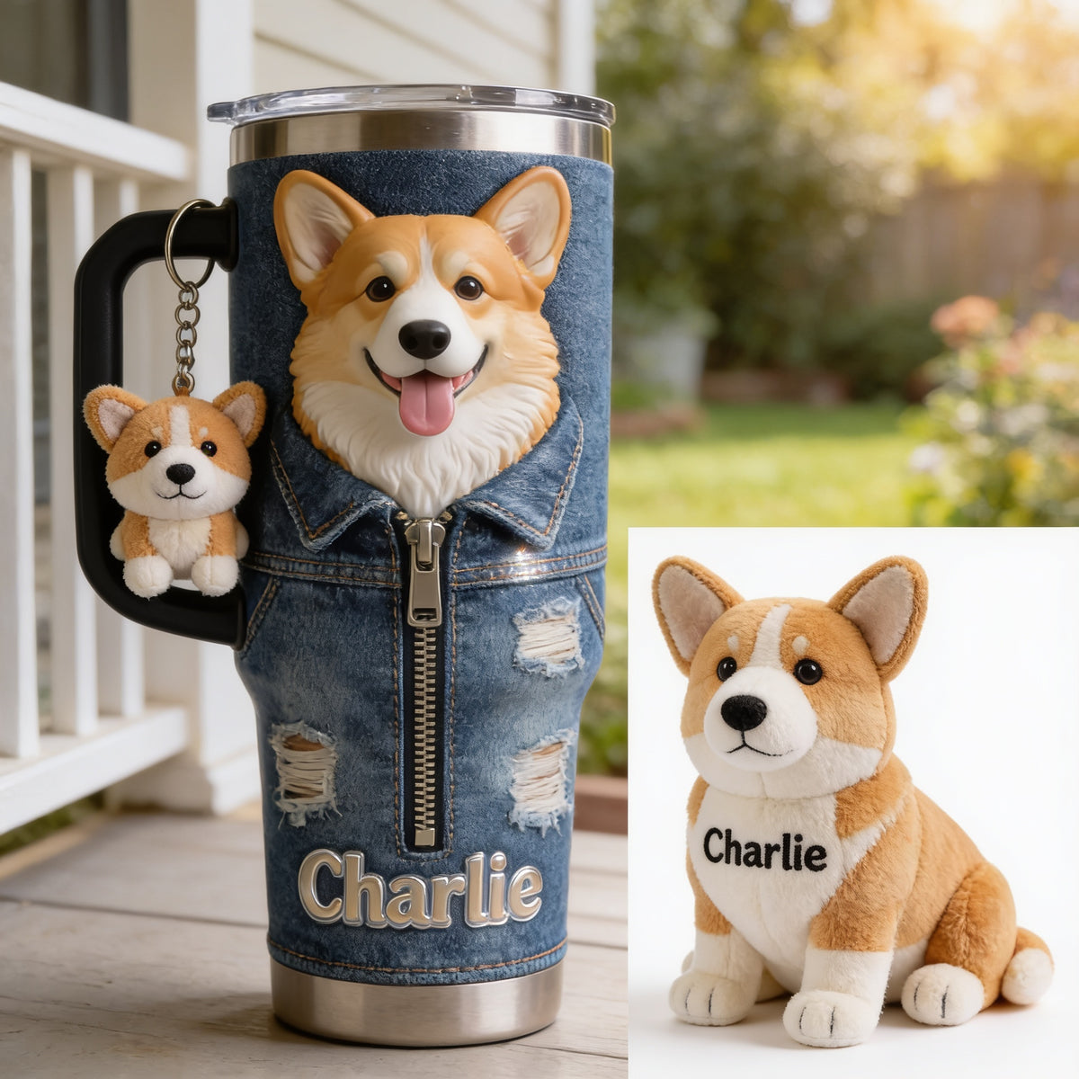 Personalized Tan White Pembroke Welsh Corgi Tumbler With Plush Charm Pet Gift