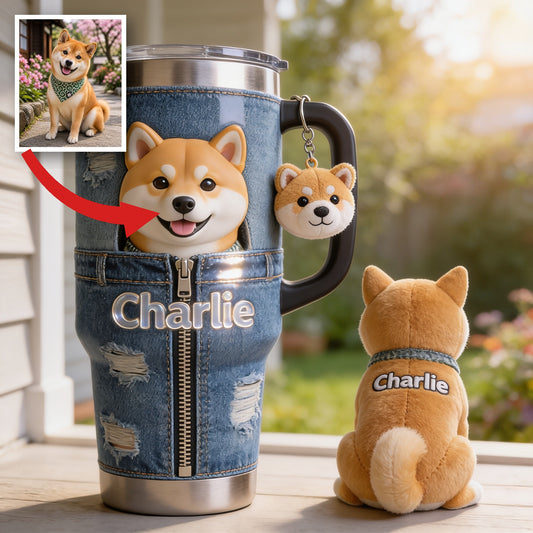 Personalized Tan & White Adult Shiba Inu Tumbler With Plush Charm Pet Lover Gift