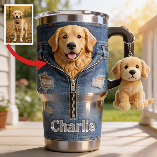 Personalized Adult Golden Retriever Tumbler With Plush Charm Pet Owner Gift
