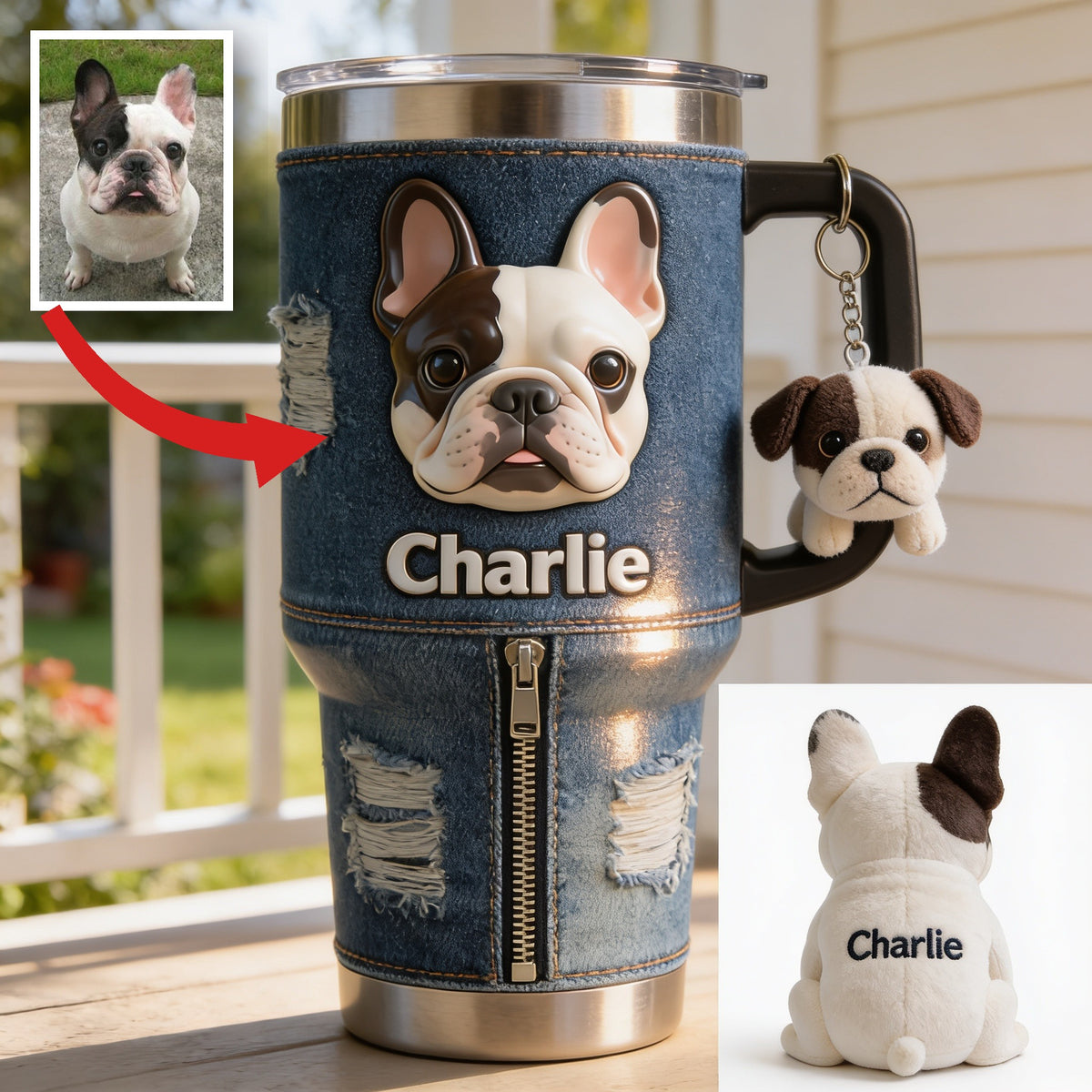 Personalized Black and White French Bulldog Tumbler with Plush Charm