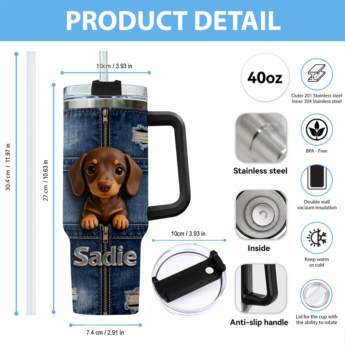 Personalized Black and Tan Rottweiler Tumbler With Plush Charm Dog Lover Gift