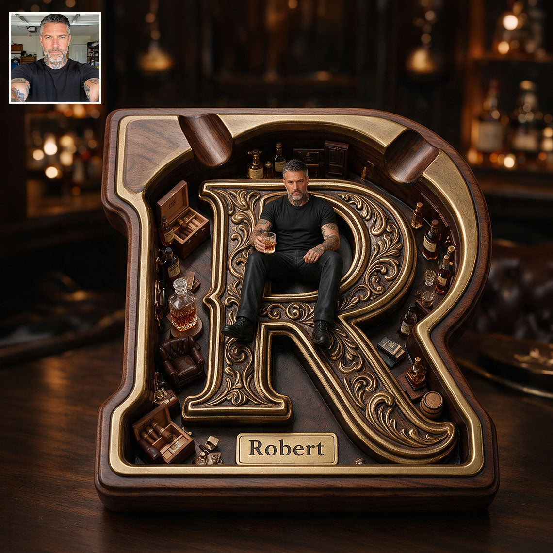 Custom Photo Middle-Aged Latino Man Wooden Catch-All Tray, Gift for Dad Husband Grandpa