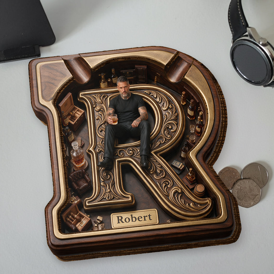 Custom Photo Middle-Aged Latino Man Wooden Catch-All Tray, Gift for Dad Husband Grandpa