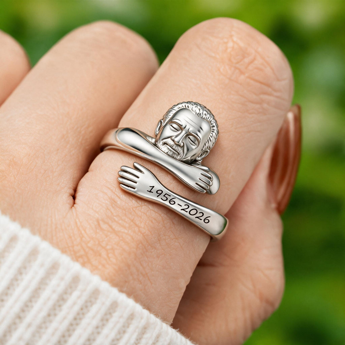Personalized Memorial Older Black Man Grandfather Hug Adjustable Ring