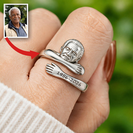 Personalized Memorial Older Black Man Grandfather Hug Adjustable Ring