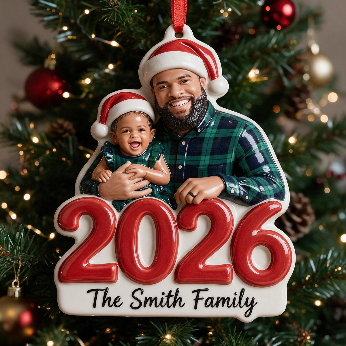 Custom Photo Christmas Black Single Dad Family 2026 3D Resin Ornament Keepsake