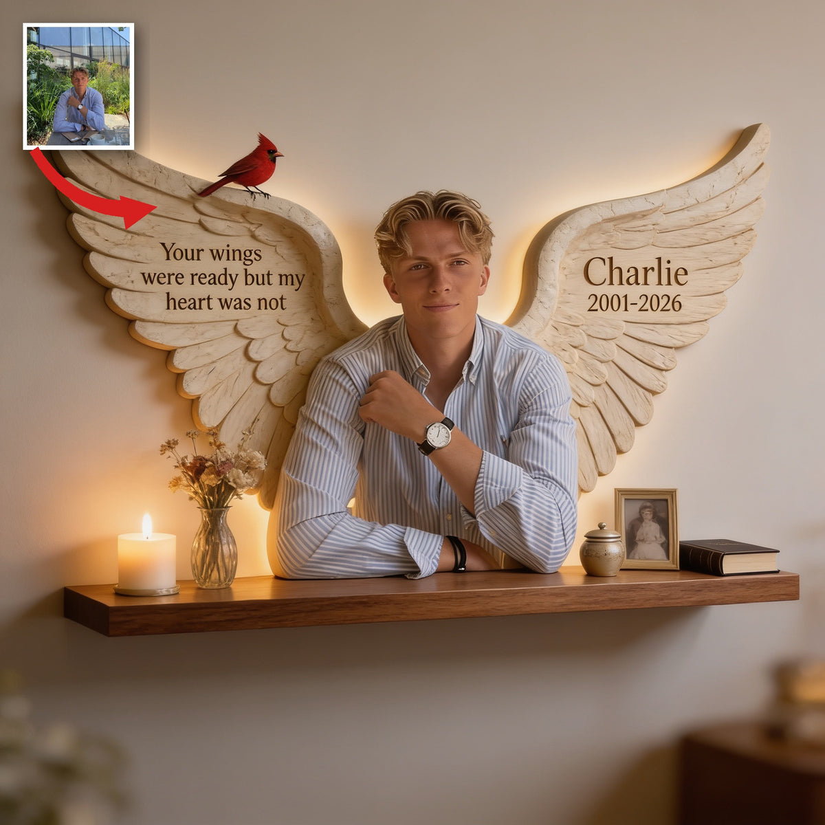 Personalized Memorial Man 2001-2026 Wooden Floating Shelf Wall Decor