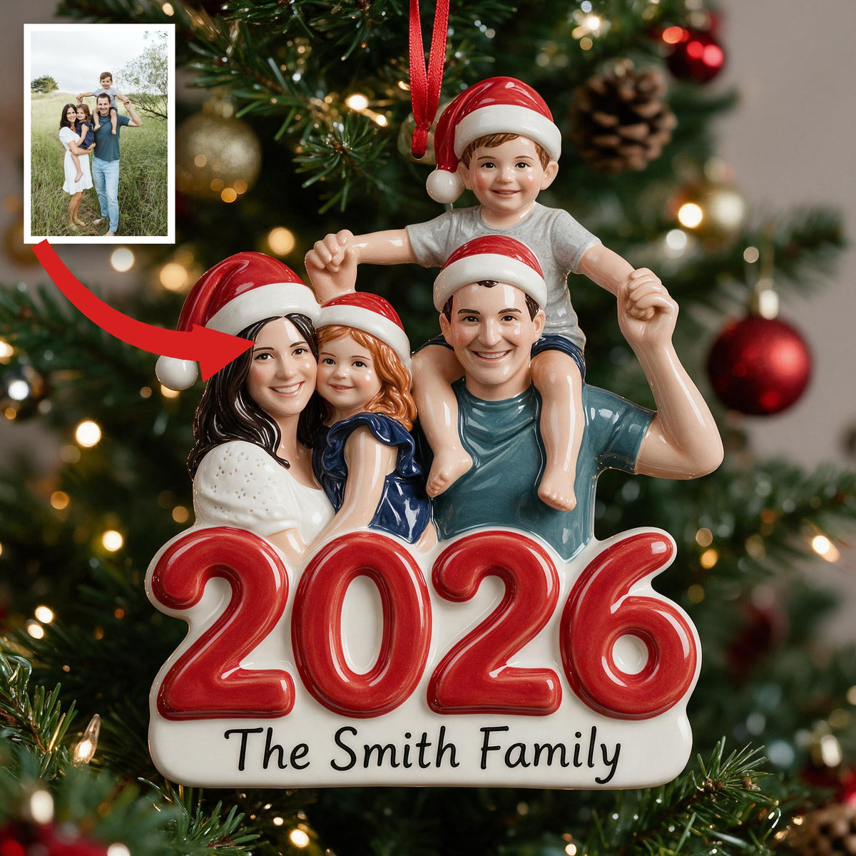 Custom Photo Christmas Family Of Four 2026 Premium 3D Resin Ornament