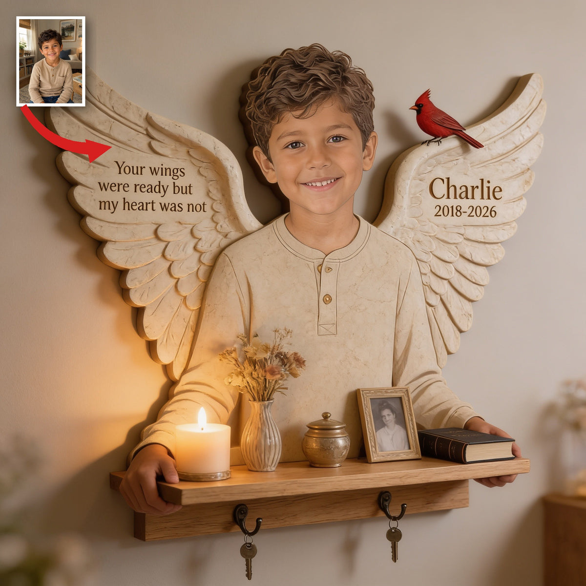 Personalized Latino Little Boy Memorial Wooden Floating Shelf Wall Decor