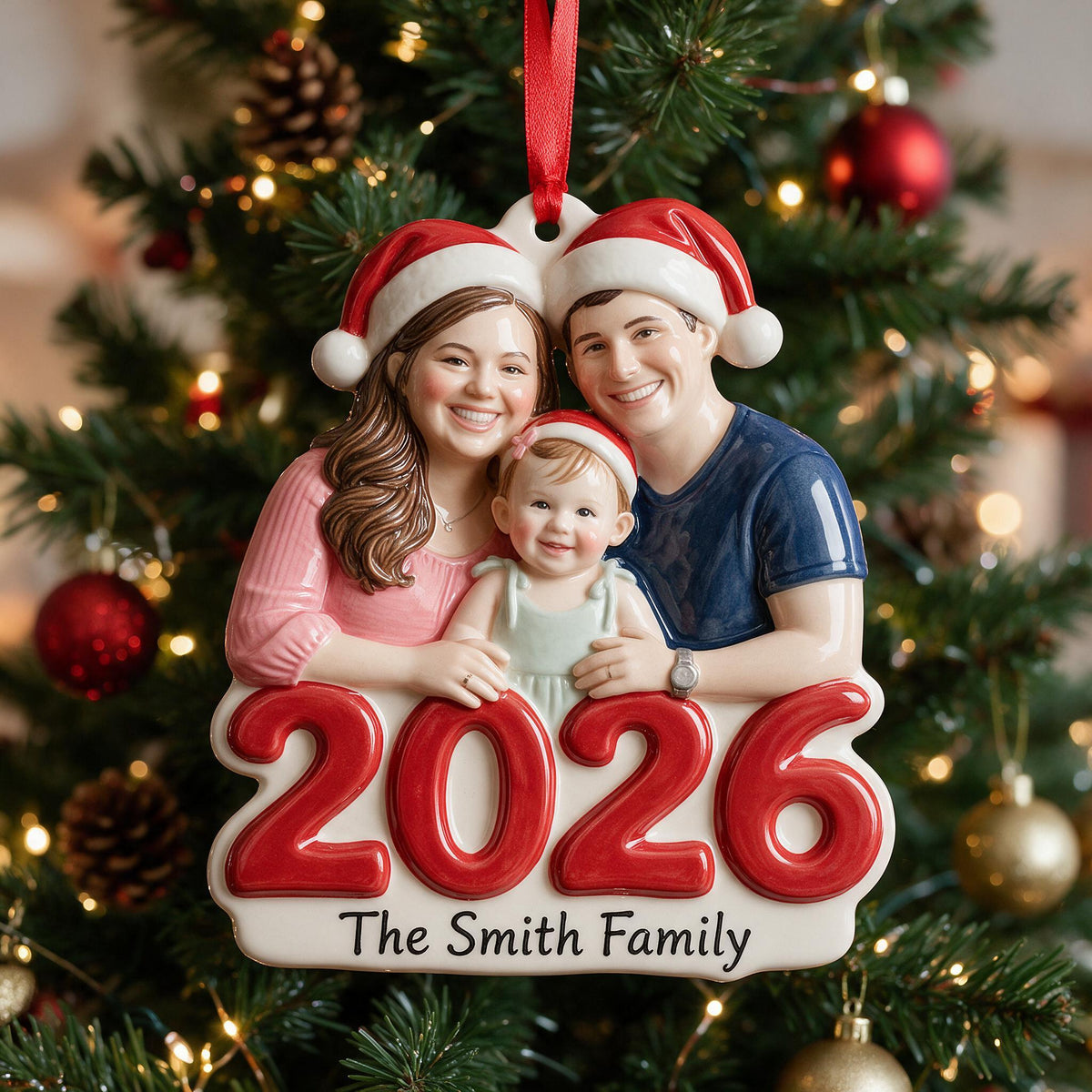 Custom Photo 2026 Family Of Three Premium 3D Christmas Ornament