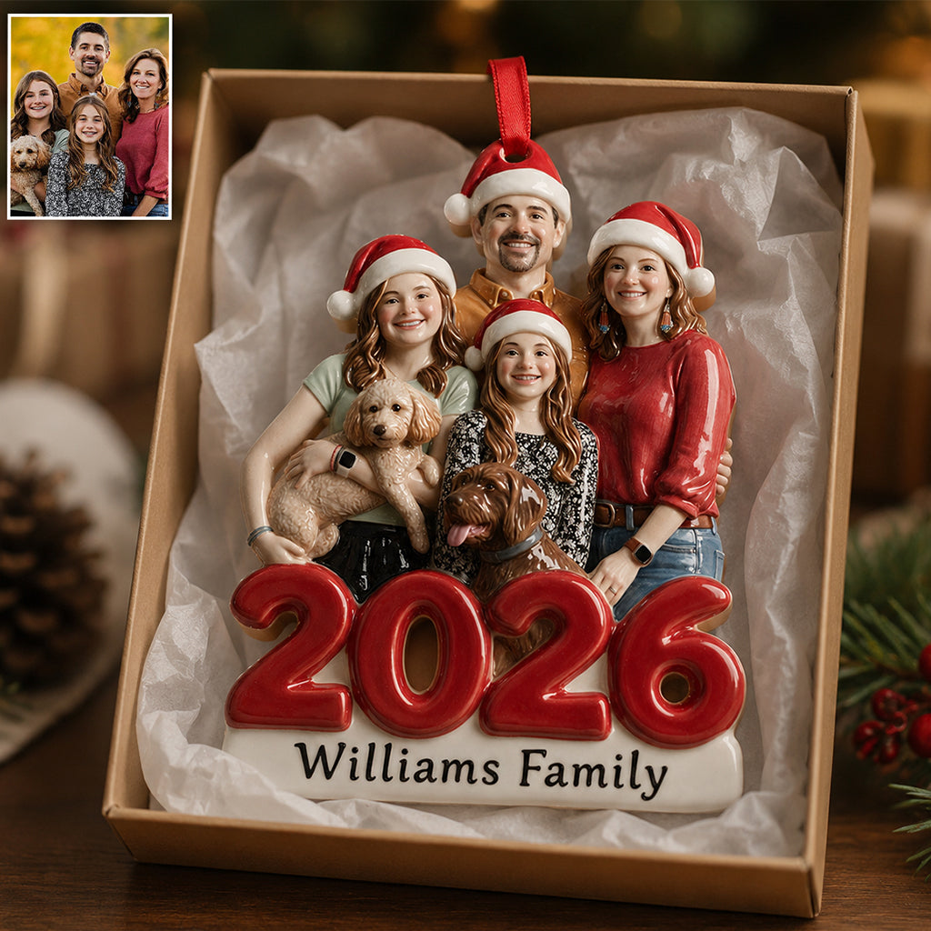Custom Photo Christmas 2026 Black Family of Five 3D Ornament
