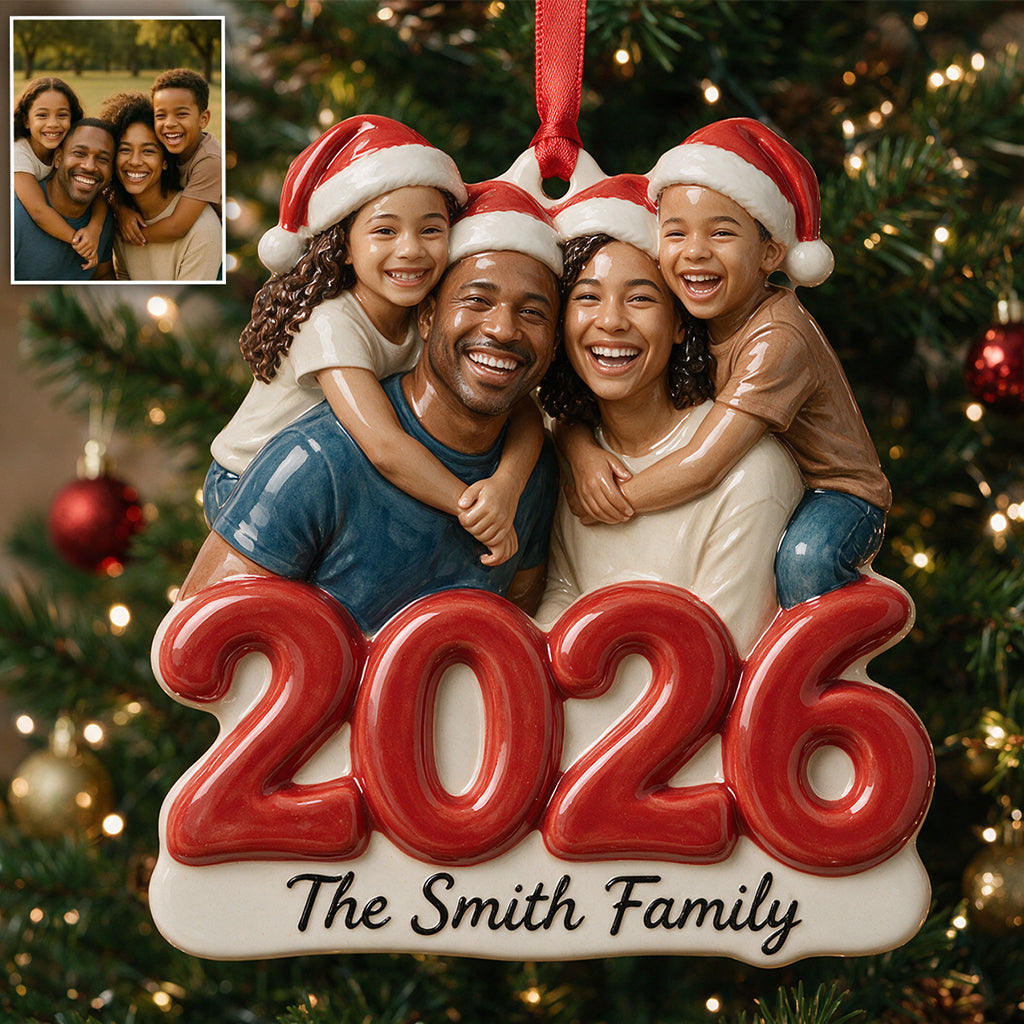 Custom Photo Christmas Family Of Four 2026 Premium 3D Resin Ornament