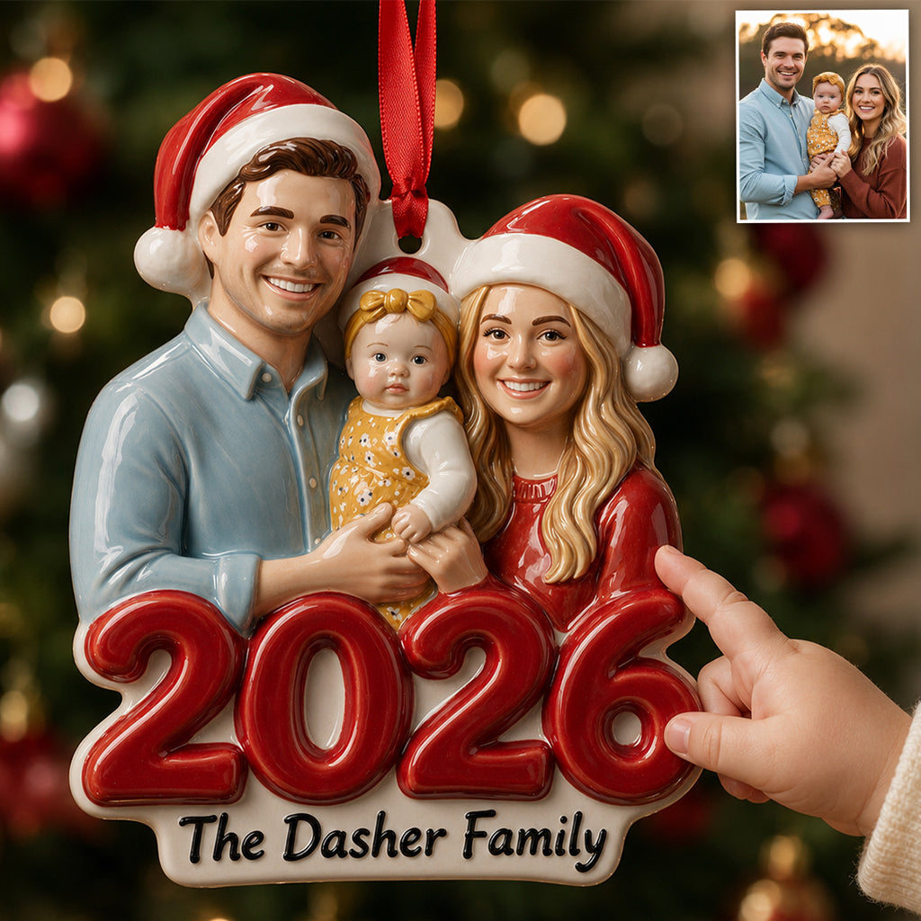 Custom Photo Christmas Family Of Four 2026 Premium 3D Resin Ornament
