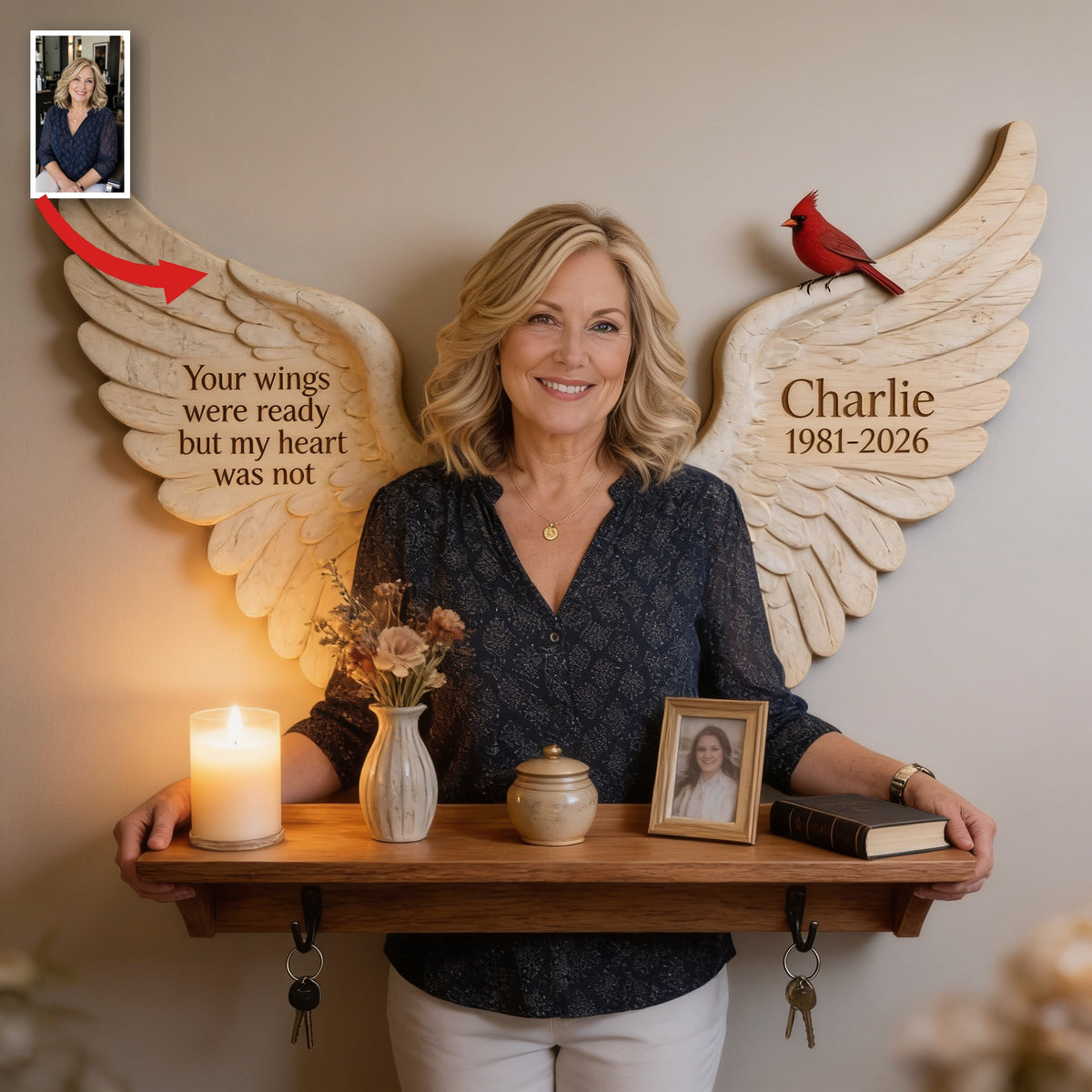 Personalized Middle-Aged Woman Memorial Wooden Floating Shelf Mom Wife Tribute Decor
