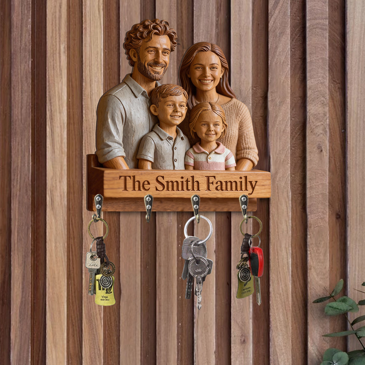 Personalized Family Of Three Custom Wood Key Hanging Rack Home Decor Gift