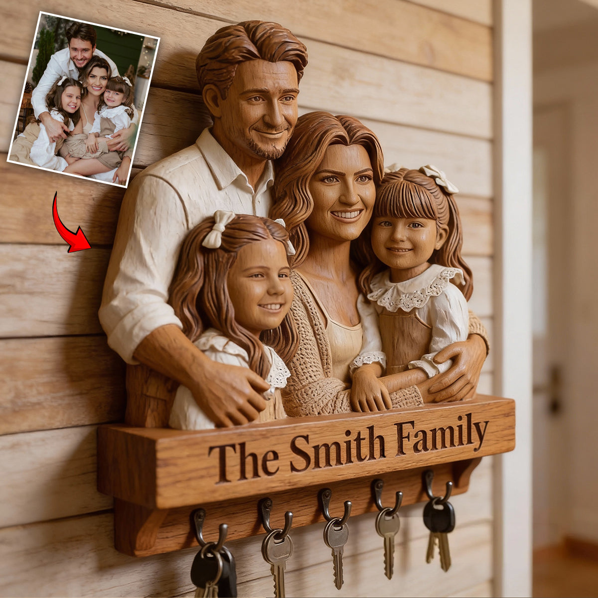 Personalized Family Of Four Wooden Hanging Key Rack Wall Organizer