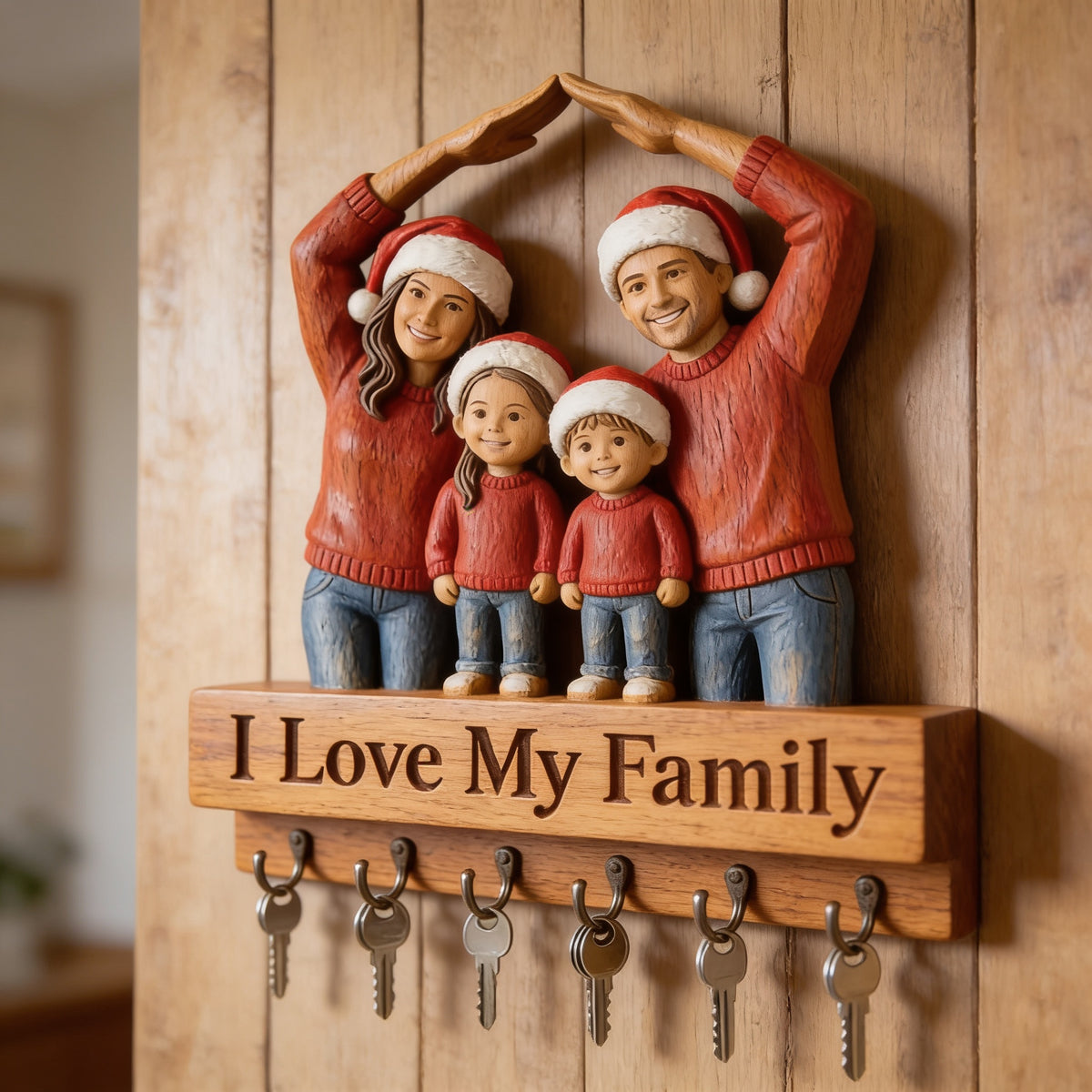 Personalized Christmas Family of Four Wooden Hanging Key Rack Gift