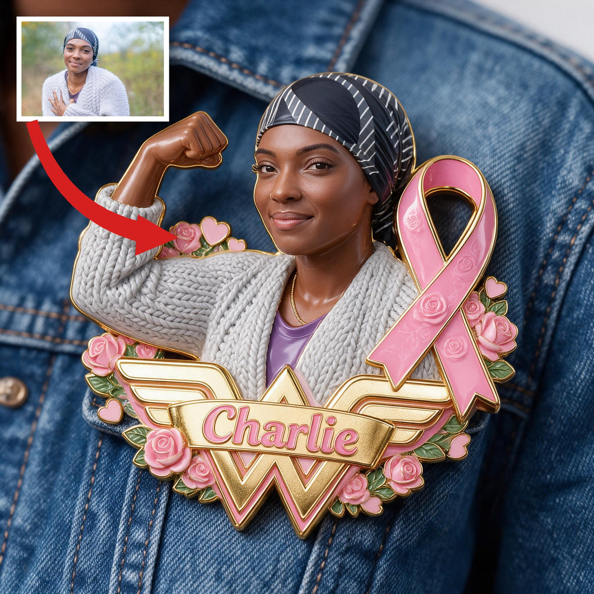 Personalized Black Breast Cancer Woman 3D Embossed Enamel Pin Awareness Gift