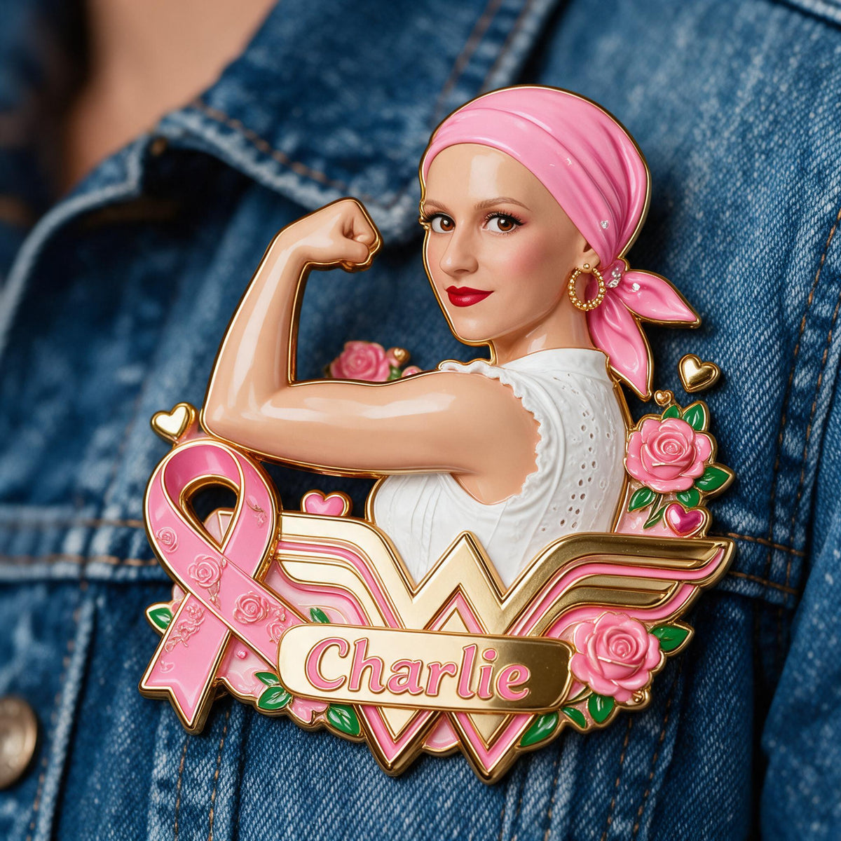 Personalized Breast Cancer Survivor Pink Headscarf 3D Embossed Enamel Pin
