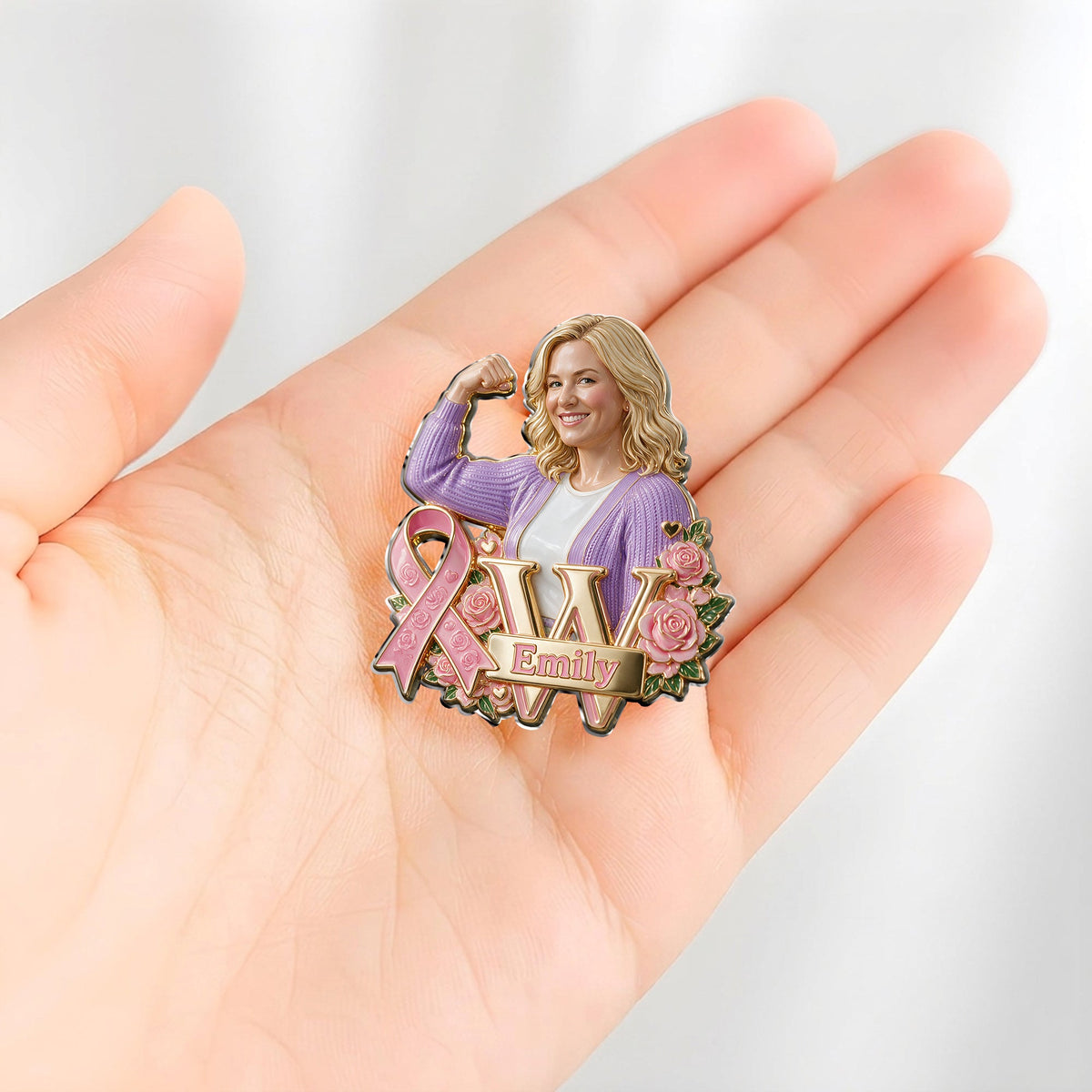 Personalized Middle-Aged Breast Cancer Woman 3D Embossed Enamel Pin Awareness Gift