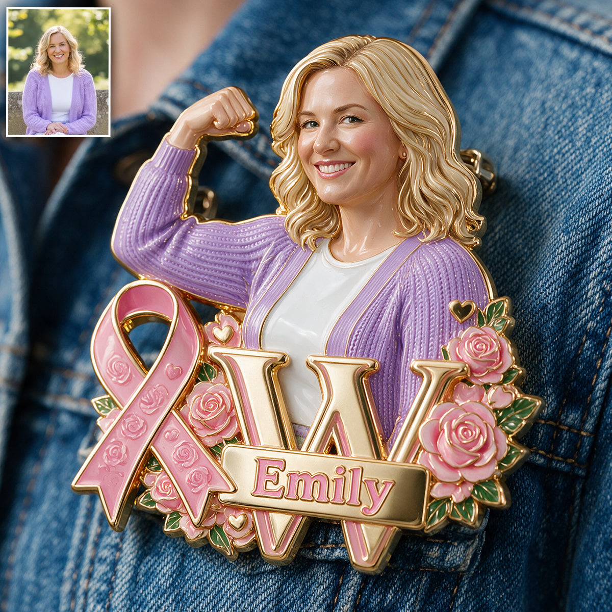 Personalized Middle-Aged Breast Cancer Woman 3D Embossed Enamel Pin Awareness Gift