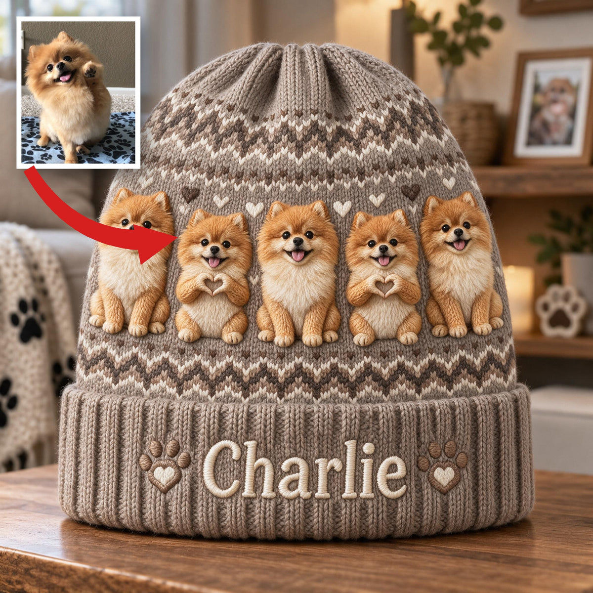 Personalized Fluffy Golden Tan Pomeranian Beanie Hat Dog Owner Gift