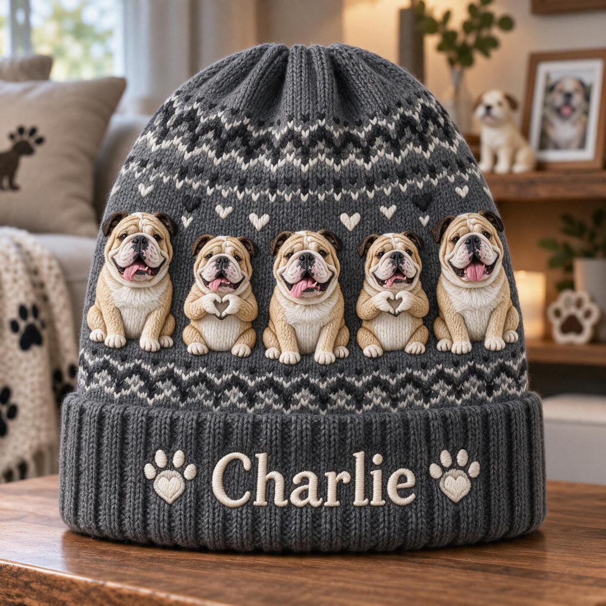 Personalized Fawn White Bulldog Knit Beanie Hat Dog Lover Gift