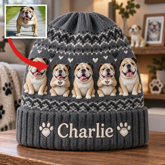 Personalized Fawn White Bulldog Knit Beanie Hat Dog Lover Gift