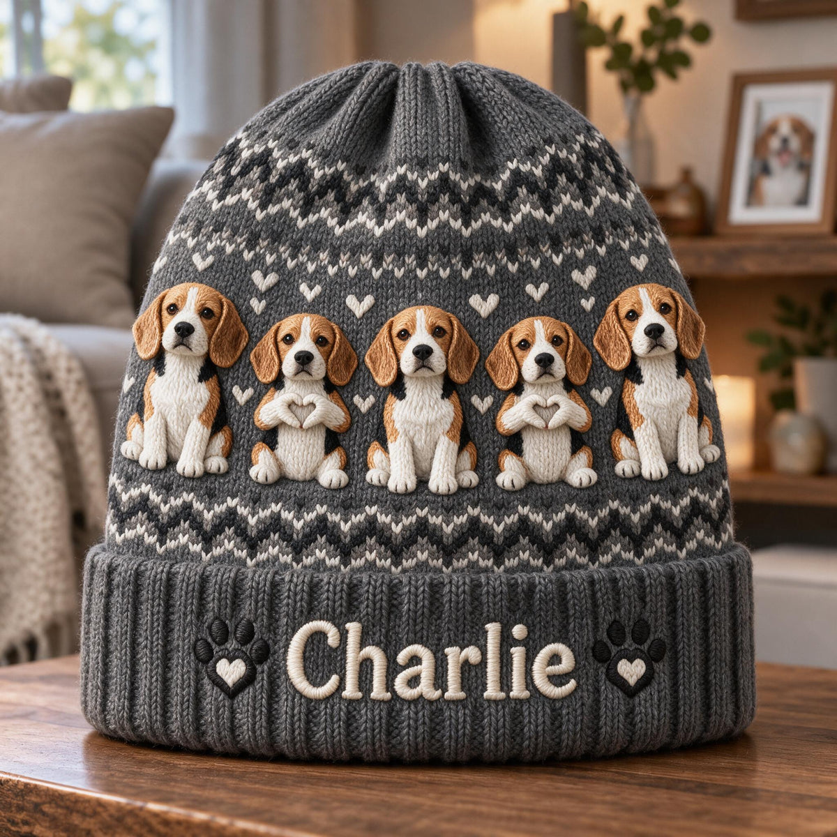 Personalized Tricolor Adult Beagle Beanie Hat Dog Lover Gift