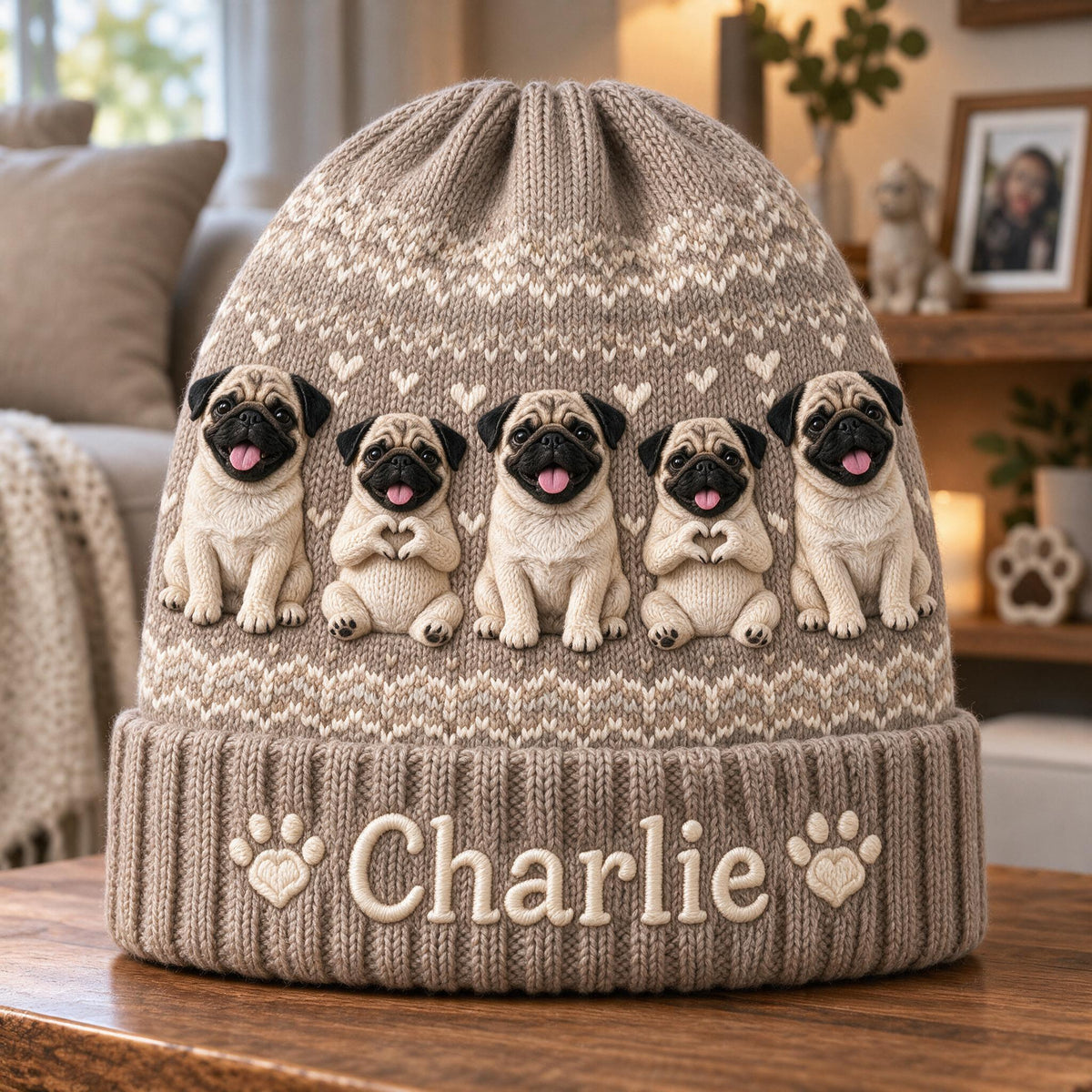 Personalized Fawn Black Mask Pug Knit Beanie Hat Pug Lover Gift