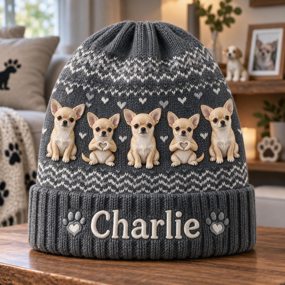 Personalized Fawn White Chihuahua Puppy Beanie Hat Dog Lover Gift