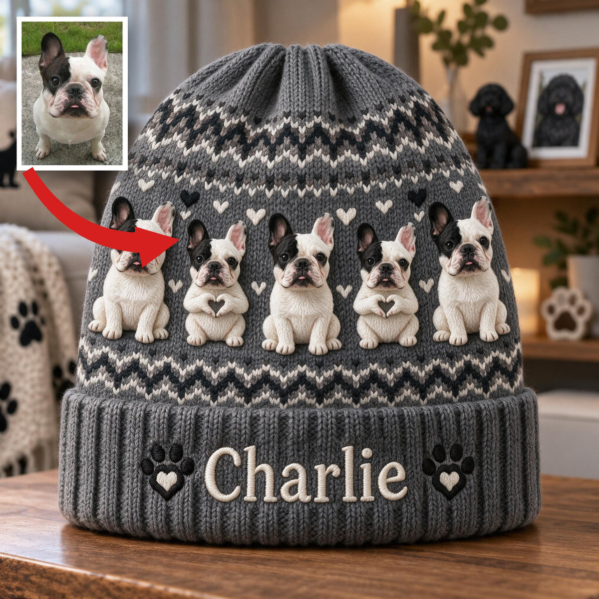Personalized French Bulldog Beanie Hat Custom Dog Lover Winter Gift