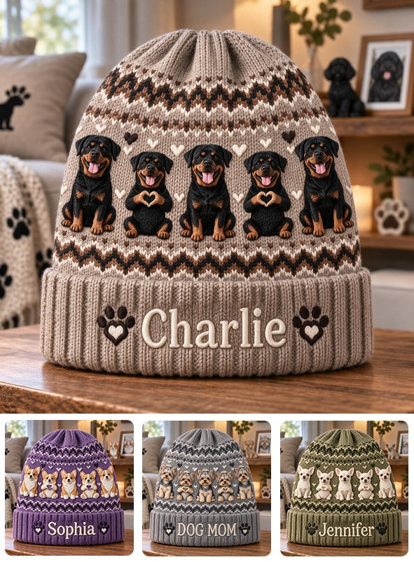 Personalized Black and Tan Rottweiler Knit Beanie Hat Dog Lover Gift