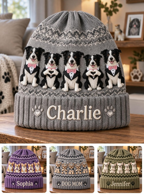 Personalized Black and White Border Collie Beanie Hat Dog Mom Winter Gift