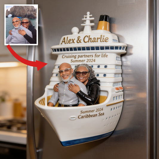 Personalized Middle-Aged Black Couple Cruise Fridge Magnet Travel Keepsake