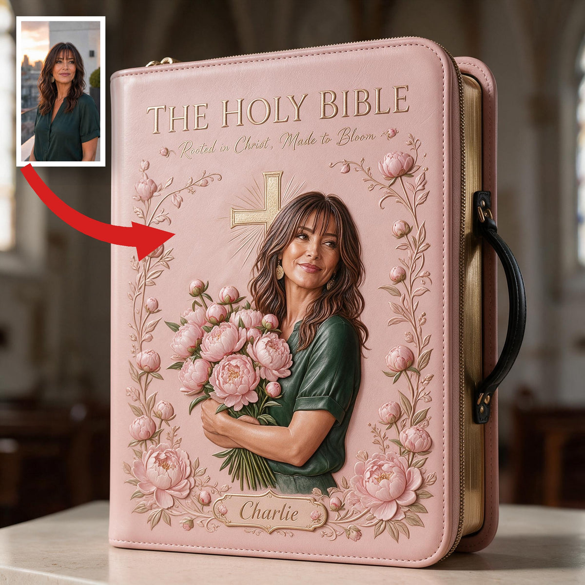 Personalized Middle-Aged Latina Woman Christian Leather Bible Cover Bag, Faith Gift