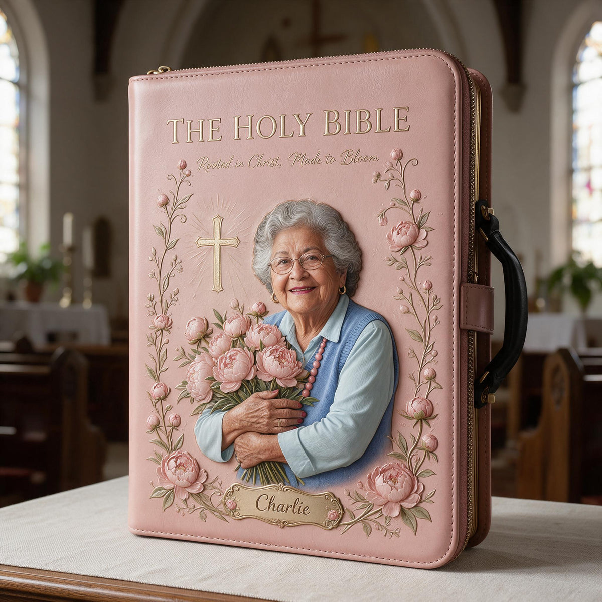 Personalized Older Latina Woman Leather Bible Cover Bag, Christian Gift for Mom Grandma Wife