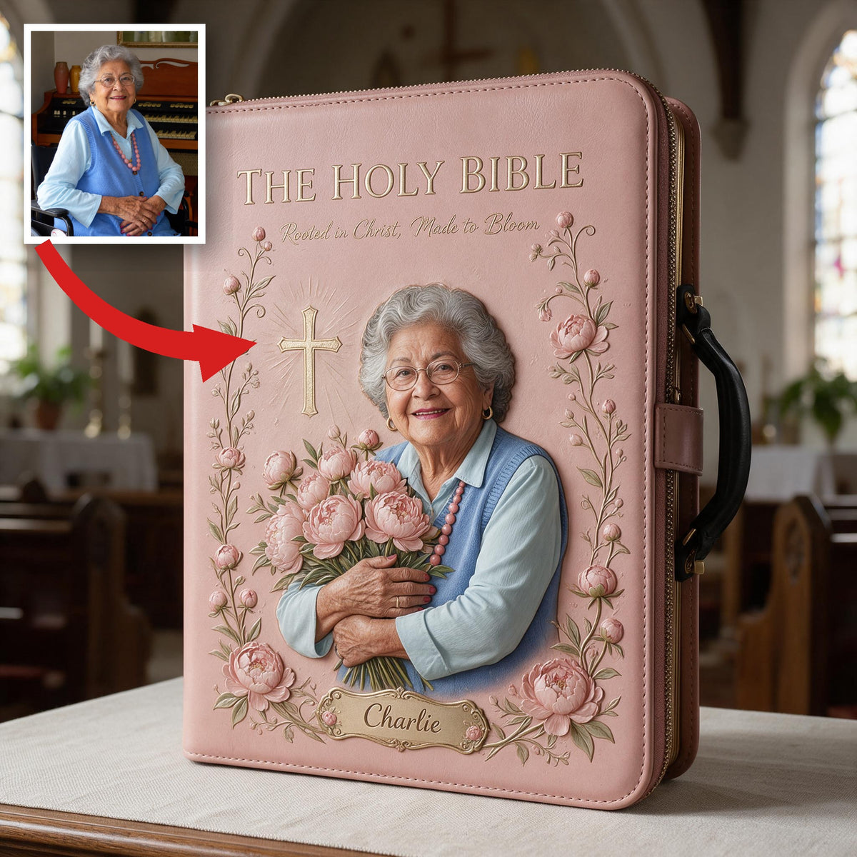 Personalized Older Latina Woman Leather Bible Cover Bag, Christian Gift for Mom Grandma Wife