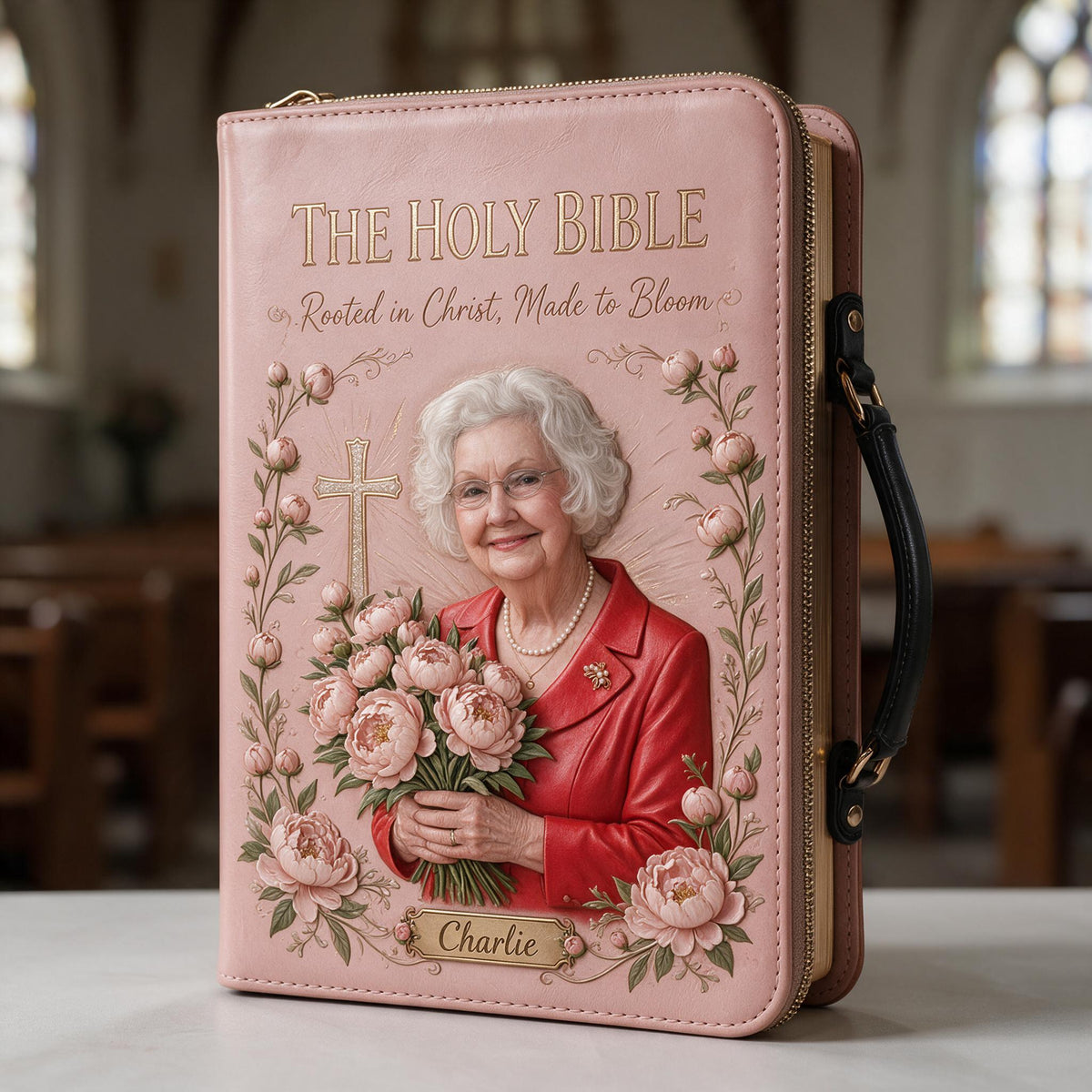 Personalized Older Woman Christian Leather Bible Cover Bag, Religious Gift for Grandma Mom Wife
