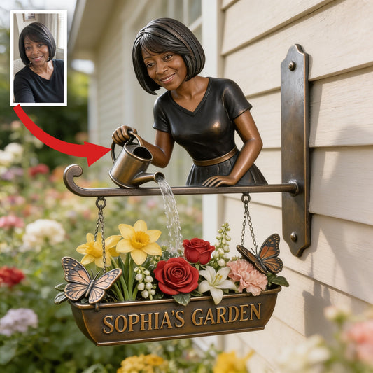 Custom Photo Middle-Aged Black Woman Gardening Wooden Wall Mount Garden Sign Gift